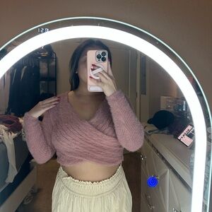 Pink V-Neck Cropped Sweater